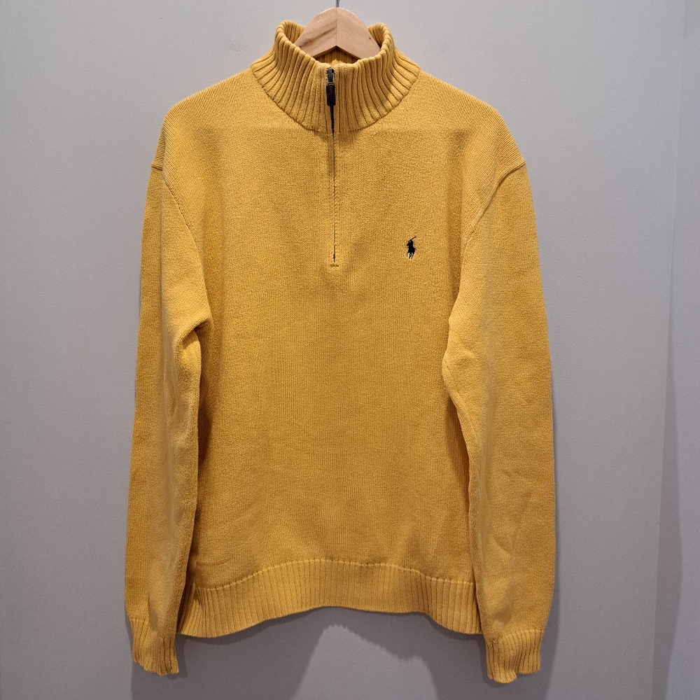 Vtg 90s Polo Ralph Lauren Yellow Classic Preppy Academia 1/4 Zip Sweater Mens L